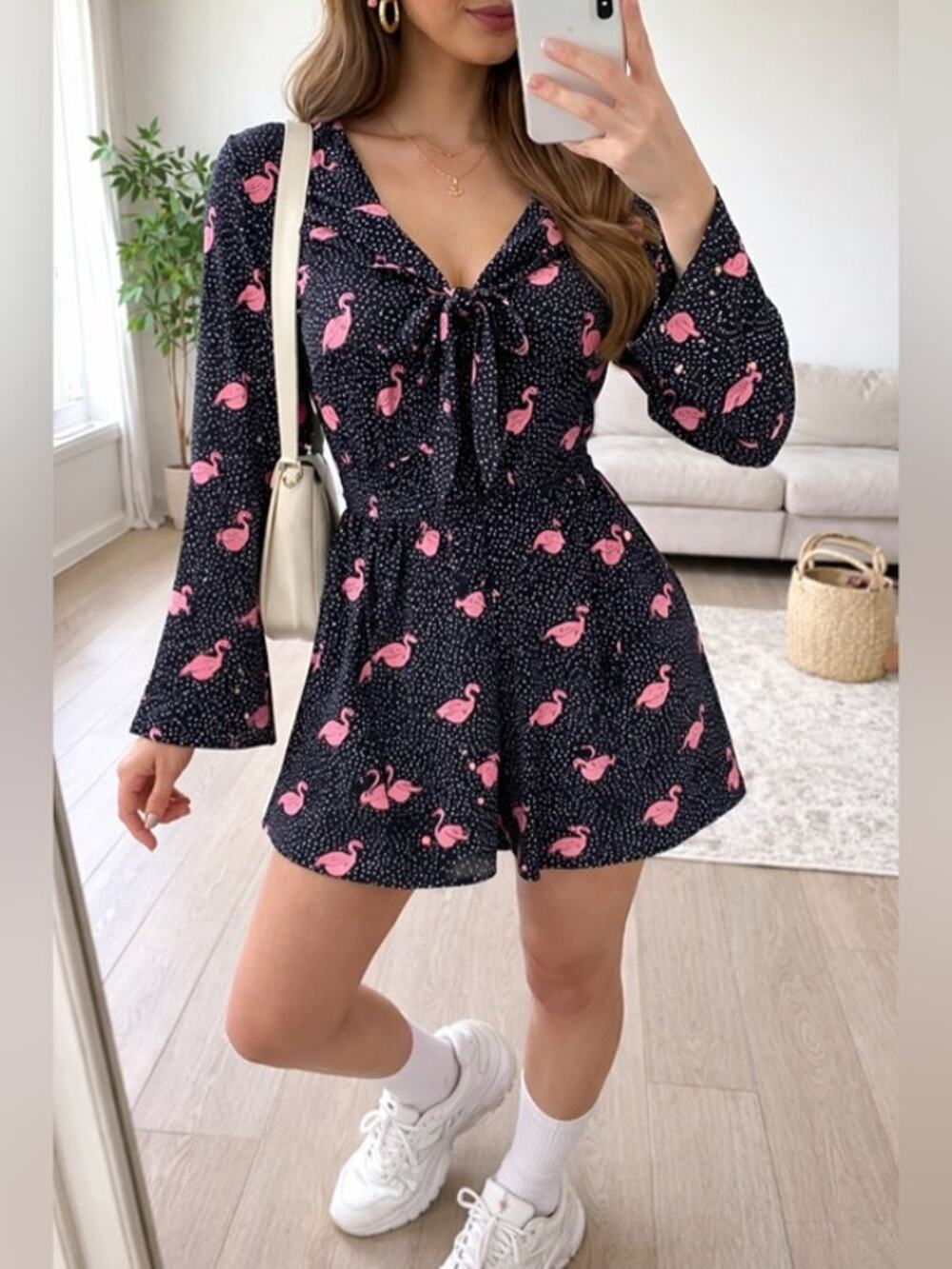Zara Flamingo Romper Black Pink Polka Dot Mini V-Neck Flowy XS
